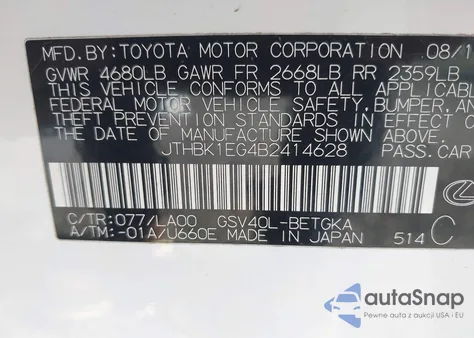 2011 Lexus Es 350 z USA, uszkodzony, nr VIN JTHBK1EG4B2414628